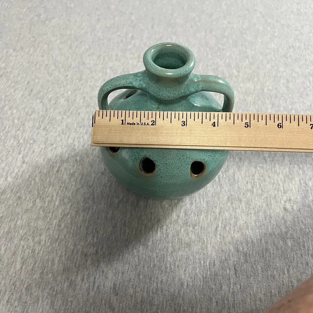 Vintage Turquoise Pottery Pansy Pot Vase Flower Frog Double‎ Handle Jug Handmade
